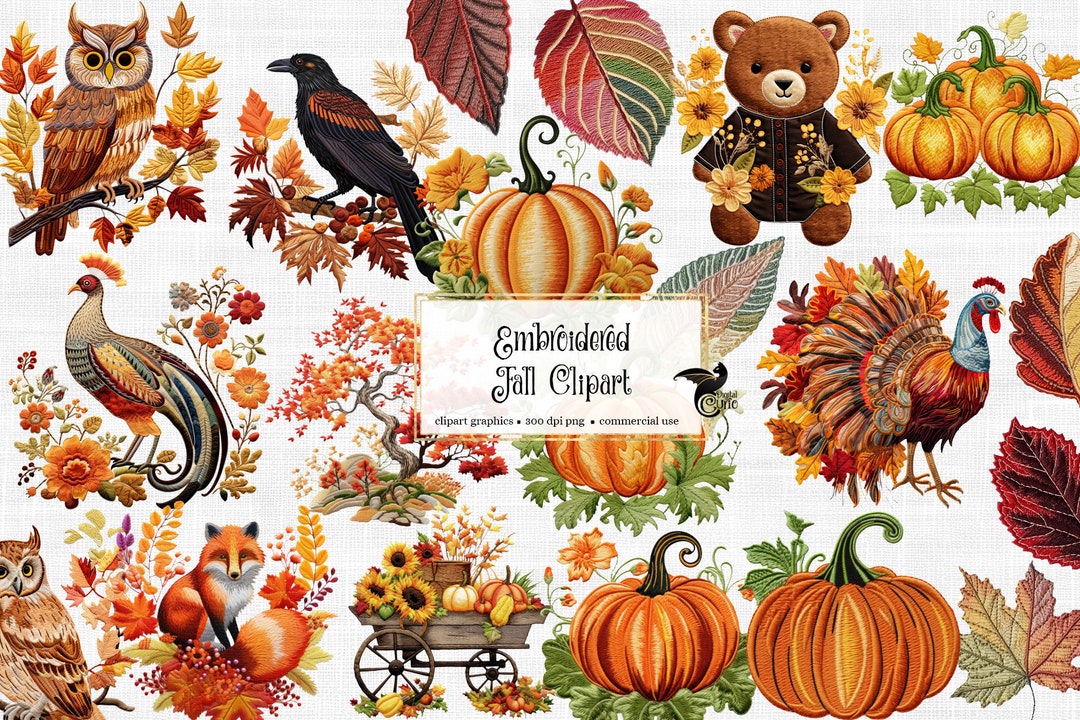 Embroidered Fall Clipart – Autumn PNG Graphics (digital Download) - Etsy