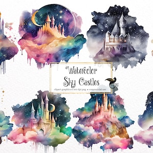 Aquarela Sky Castles Clipart - fantasia céu palácio aquarela download instantâneo em formato PNG para uso comercial