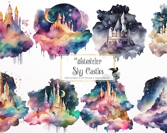 Watercolor Sky Castles Clipart - fantasy sky palace watercolor PNG format instant download for commercial use