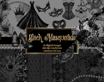 Black Masquerade Digital Scrapbook Kit, gothic Mardi Gras clipart and digital paper masquerade clip art graphics instant download