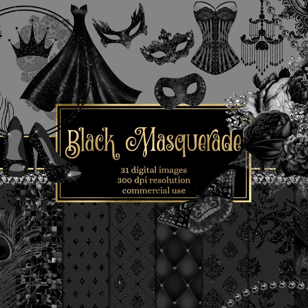 Black Masquerade Digital Scrapbook Kit, gothic Mardi Gras clipart and digital paper masquerade clip art graphics instant download