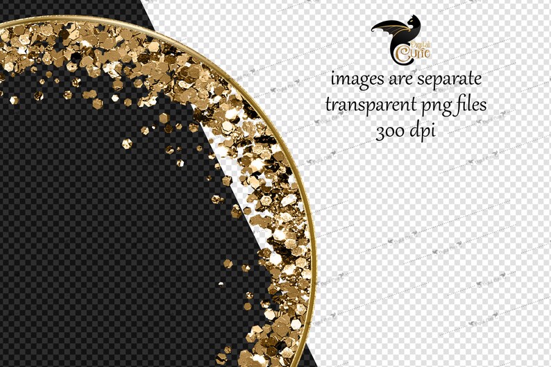 May include: A gold glitter border with a circular shape. The glitter is scattered around the edge of the circle, creating a festive and celebratory look.