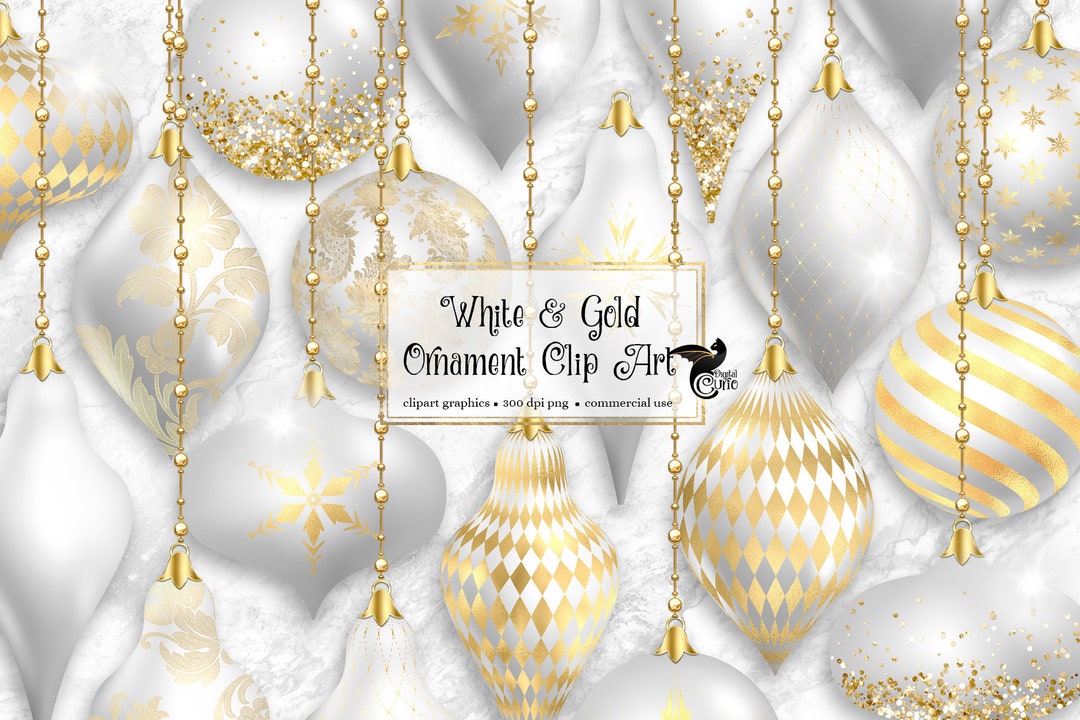White and Gold Christmas Ornaments Clipart digital glitter Etsy 日本