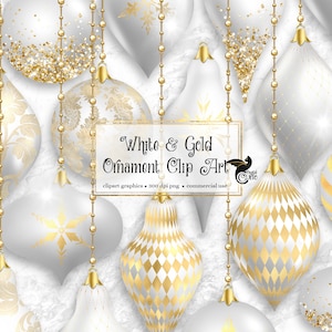 White and Gold Christmas Ornaments Clipart, digital glitter Christmas ball ornament clip art in png format for commercial use