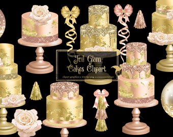 Foil Glam Cakes Clipart, Gold & Rose Gold, Wedding Cake Graphics (Instant Download)