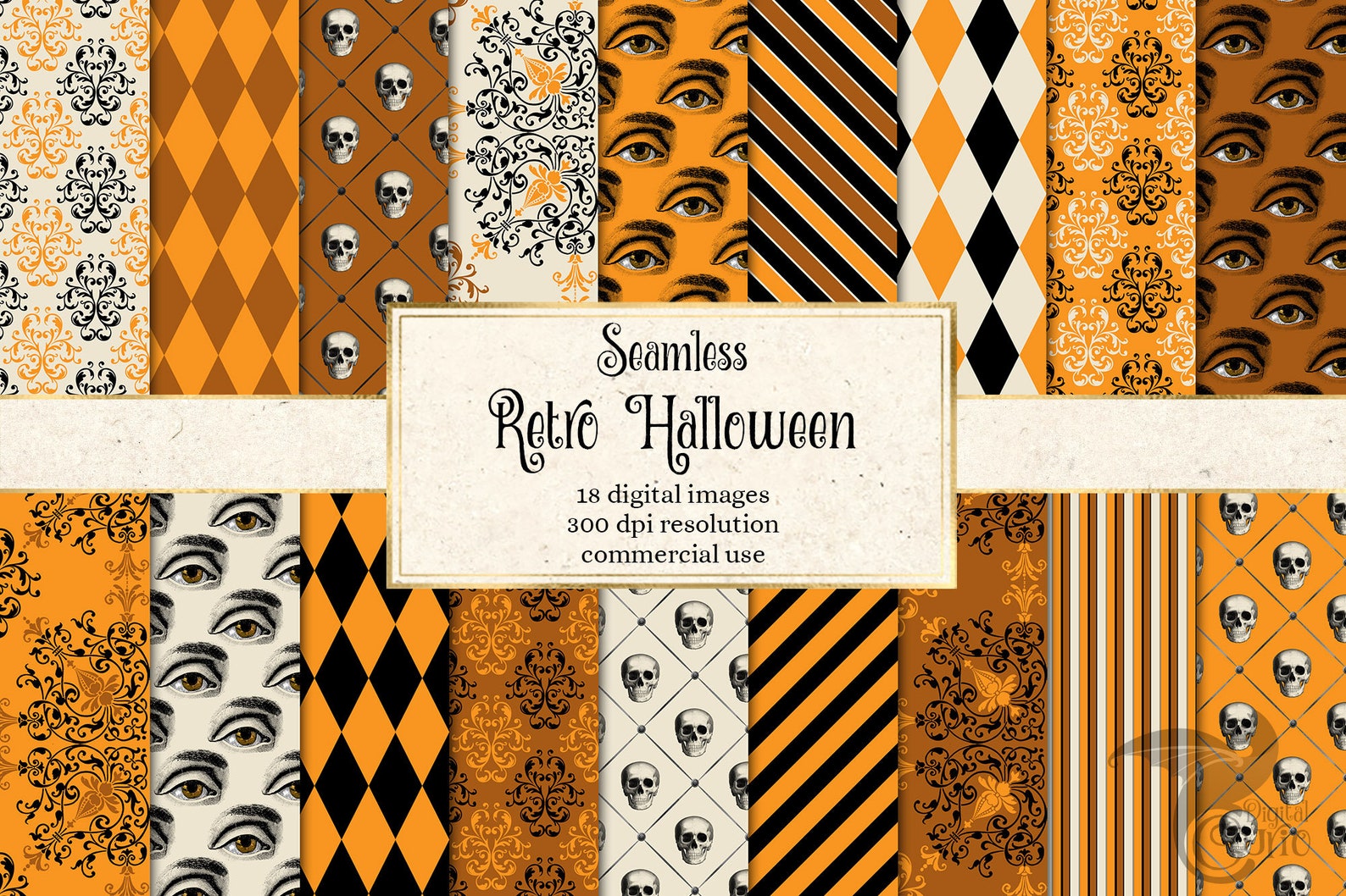 Retro Halloween Digital Paper Textures, Skull Vintage Patterns (digital ...