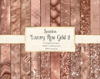 May include: A set of 24 digital seamless patterns in rose gold. The patterns include geometric shapes, glitter, marble, and wood textures. The patterns are 3600 x 3600 pixels and in JPEG format.