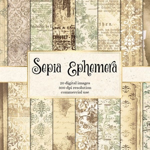 Sepia Ephemera digitaal papier, instant download vintage plakboekpapier, oud papier texturen, afdrukbare achtergronden voor decoupage