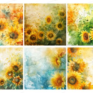 May include: A set of six watercolor illustrations featuring sunflowers in various arrangements. The backgrounds are painted in shades of yellow, blue, and green with a watercolor wash effect.