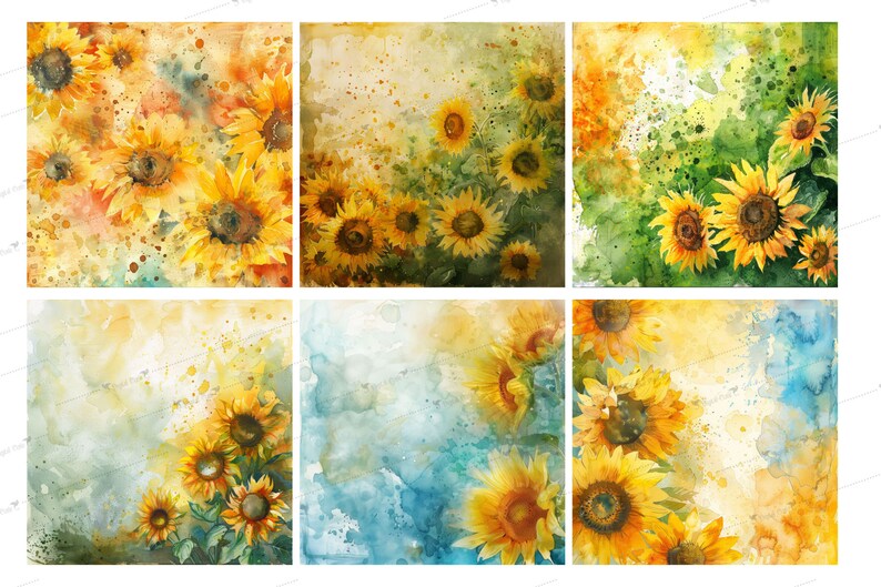 May include: A set of six watercolor illustrations featuring sunflowers in various arrangements. The backgrounds are painted in shades of yellow, blue, and green with a watercolor wash effect.