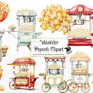 Aquarell Popcorn Clipart - digitale png Film Nacht Popcorn Maschine Grafiken zum sofortigen Download kommerziell nutzbar