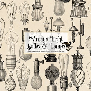 Clipart de lâmpadas e lâmpadas vintage - ilustrações antigas em formato PNG, download instantâneo para uso comercial