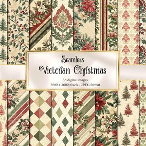 May include: A selection of seamless Victorian Christmas digital images. The patterns feature festive designs with poinsettias, Christmas trees, and damask patterns in red, green, and cream colours. The image includes the text "Seamless Victorian Christmas".