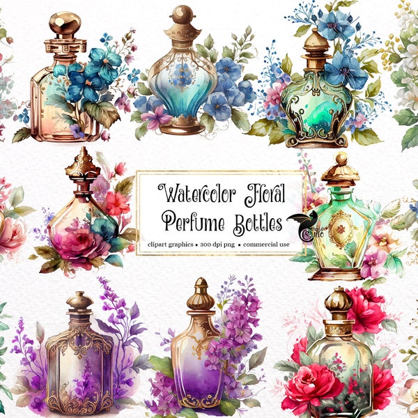 Watercolor Floral Perfume Bottles Clipart - flower cottagecore PNG format instant download for commercial use
