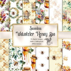 May include: A set of 16 digital seamless watercolor patterns featuring honey bees, honeycombs, jars of honey, flowers, and gold accents. The patterns are 3600 x 3600 pixels and in JPEG format.