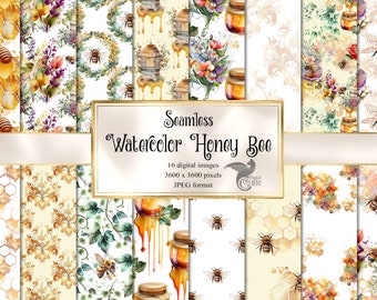 Watercolor Honey Bee Digital Paper - seamless honeycomb bee patterns instant download for commercial use
