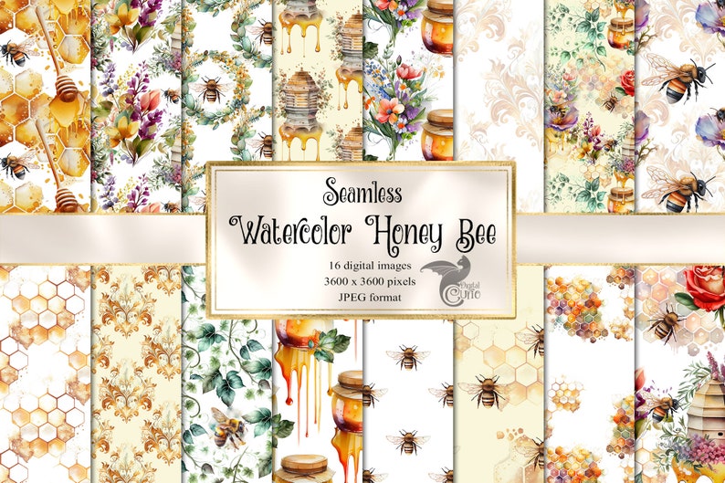 Watercolor Honey Bee Digital Paper - Seamless Honeycomb Bee Patterns ...