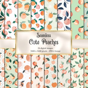 May include: A set of 26 digital seamless patterns featuring cute peach illustrations. The patterns are in various colors, including white, green, and pink, and feature peaches with leaves, dots, and other designs. The patterns are 3600 x 3600 pixels and are in JPEG format.