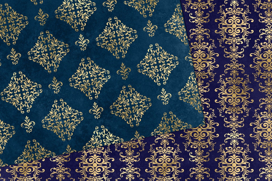 Blue and Gold Damask Digital Paper Seamless Damask Patterns Etsy