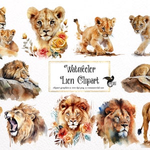 Clipart de leão aquarela - download instantâneo de animais africanos fofos em formato PNG para uso comercial