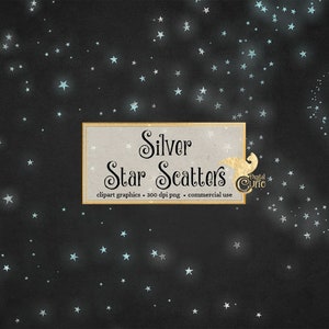 Silver Star Scatters, zilveren ster clipart, ster clip art, nachtelijke hemel gloeiende maan en sterren, glitter, digitale galaxy overlays, png download
