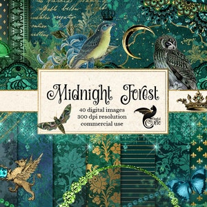 May include: A digital paper pack containing 40 images in a green and gold colour scheme. The images feature a variety of designs, including floral patterns, butterflies, owls, and crowns. The text "Midnight Forest" is displayed in a decorative font.