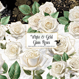 White and Gold Glam Rose Clip Art, digital instant download flower png embellishments, gothic glitter roses