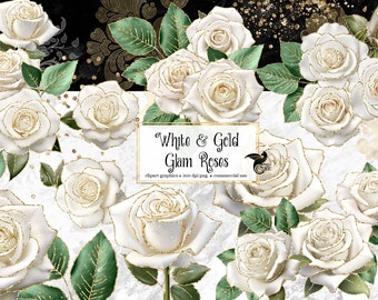 White and Gold Glam Rose Clip Art, digital instant download flower png embellishments, gothic glitter roses