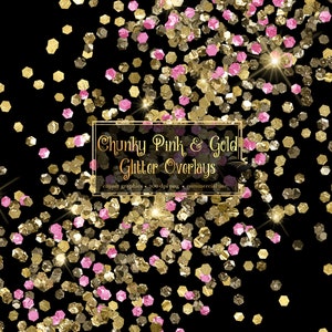 Chunky Pink and Gold Glitter Overlays, digital glitter png overlays, clip art glitter confetti instant download