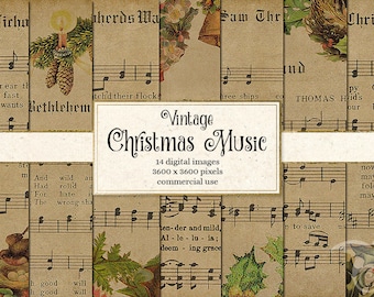 Vintage Christmas Sheet Music Digital Paper, Scrapbook Paper, Decoupage, Printable Christmas Carols