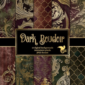 Dark Boudoir Digital Paper, sierlijke achtergronden met barokke bloeit in decoratief goud instant download afdrukbaar papier
