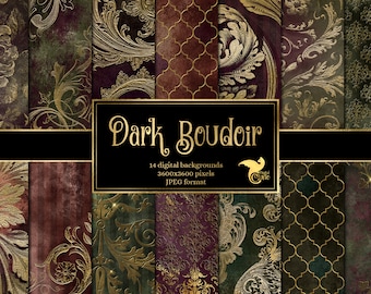 Dunkles Boudoir Digitales Papier, barocke Goldschnörkel (Digitaler Download)