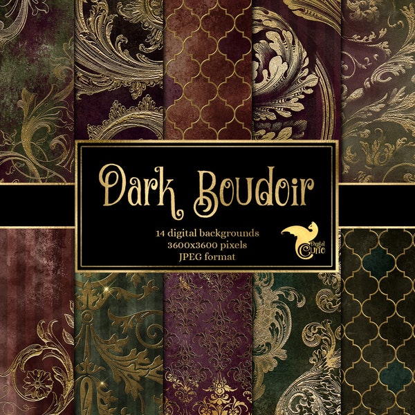 Dark Boudoir Digital Paper, ornate backgrounds with baroque flourishes in decorative gold instant download printable paper