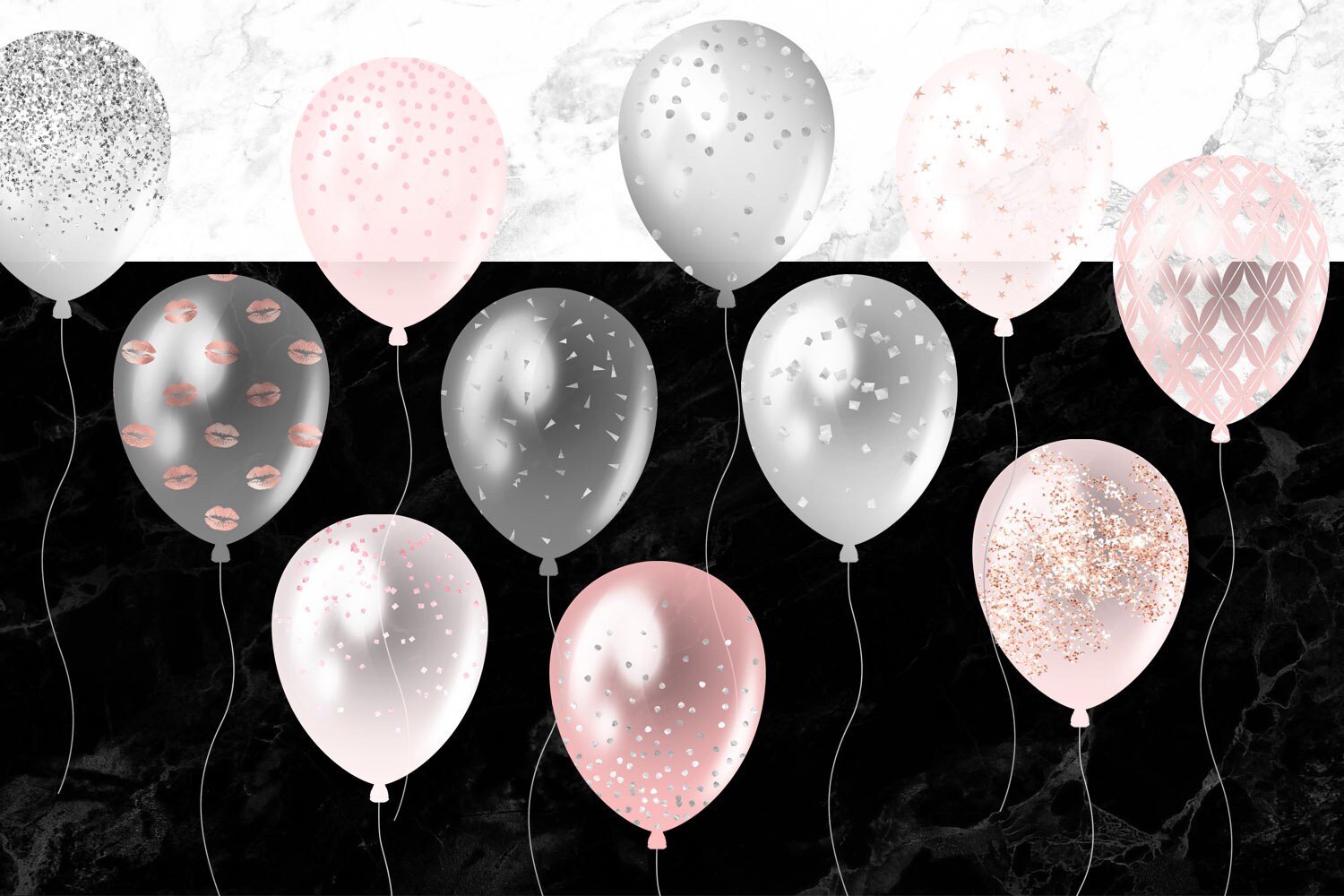 Blush and Silver Balloons Clipart, Pink Glitter Confetti (PNG, Digital ...