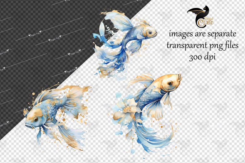 Puede incluir: Tres ilustraciones de acuarela de peces betta azules y dorados con aletas y colas flotantes. Los peces est&aacute;n sobre un fondo blanco con salpicaduras de pintura azul y dorada.