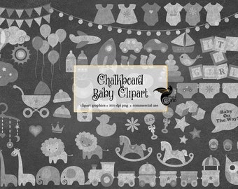 Pizarra Baby Shower Clipart, con animales de safari de la selva de tiza, pancartas, luces de cadena, gráficos de ducha de bebé de tiza para uso comercial