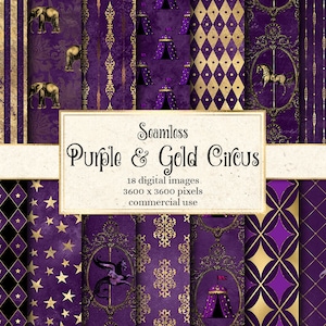 Purple and Gold Circus Digital Paper, seamless vintage antique distressed grunge circus patterns printable scrapbook paper