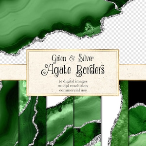 Groene en zilveren agaatranden, digitale aquarel geode PNG-overlays met glitters voor commercieel gebruik in huwelijksuitnodiging of webdesign