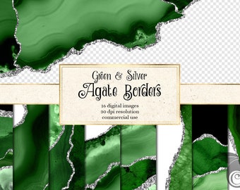 Green and Silver Agate Borders, digital watercolor geode PNG overlays with glitter for commercial use in wedding invitation or web design