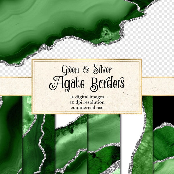 Green and Silver Agate Borders, digital watercolor geode PNG overlays with glitter for commercial use in wedding invitation or web design