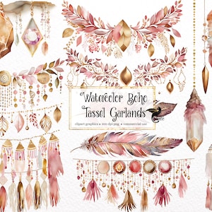 Aquarell Boho Quaste Girlanden Clipart - Fantasy Tribal Perlen Feder PNG-Format sofortiger Download für kommerzielle Nutzung