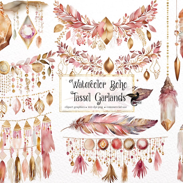 Watercolor Boho Tassel Garlands Clipart - fantasy tribal beaded feather PNG format instant download for commercial use