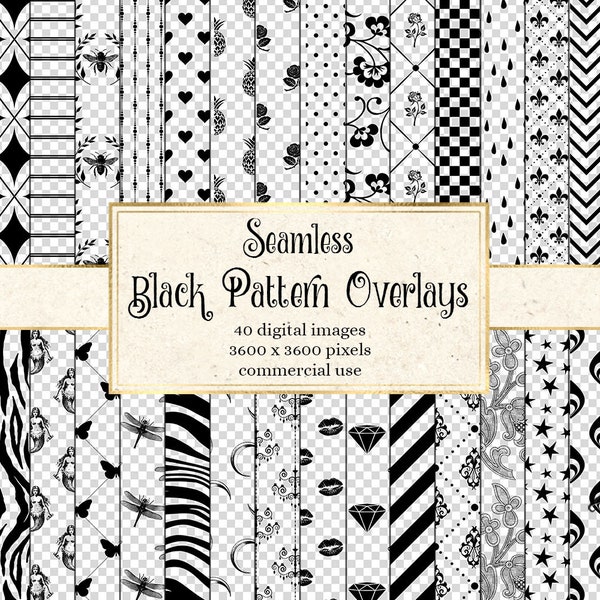 Black Pattern Overlays 2, seamless PNG transparent patterns for 12x12 digital paper instant download commercial use