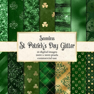 St Patrick's Day Glitter Digitales Papier, grüne und goldene Folie und glitzernde, nahtlose Kleeblatt-Muster Sofort-Download für die kommerzielle Nutzung