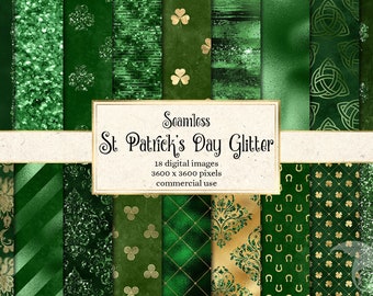 Carta digitale Glitter per il giorno di San Patrizio, lamina verde e oro e modelli di trifoglio senza soluzione di continuità glitter download istantaneo per uso commerciale