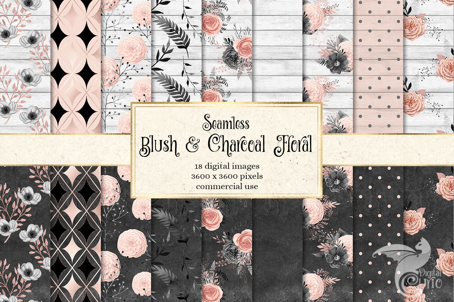 Blush and Charcoal Floral Digital Paper Rustic Seamless Etsy