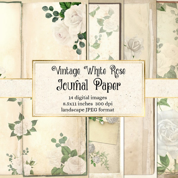 Vintage White Rose Journal Paper, notebook digital paper grunge junk journal pages printable 8.5x11 inch A4 scrapbooking paper