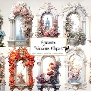 Könnte beinhalten: Acht verzierte, weiße, gewölbte Fenster mit floralen Verzierungen. Jedes Fenster zeigt eine andere Blumenanordnung und einen Blick auf eine ferne Stadtlandschaft. Die Fenster sind perfekt, um jedem Designprojekt einen Hauch von Romantik und Eleganz zu verleihen.