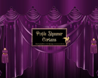 Purple Shimmer Curtains Clipart, digital curtain backdrop clip art graphics, stage curtains, theater drapes, curtain png overlays