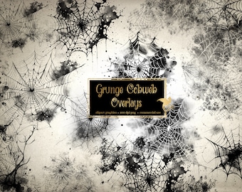 May include: A digital art image featuring a collection of grunge-style spiderwebs in black against a sepia-toned background. The image includes a rectangular black label with the text "Grunge Cobweb Overlays". The overall theme is Halloween and spooky.